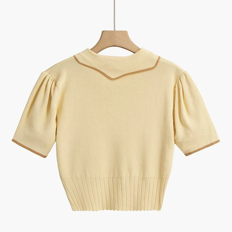 Women Sweater Korean Fashion Viscose Color Block Pullover Lapel Collar Knit with Princess Sleeve for Spring Summer Clothing thumbnail 4