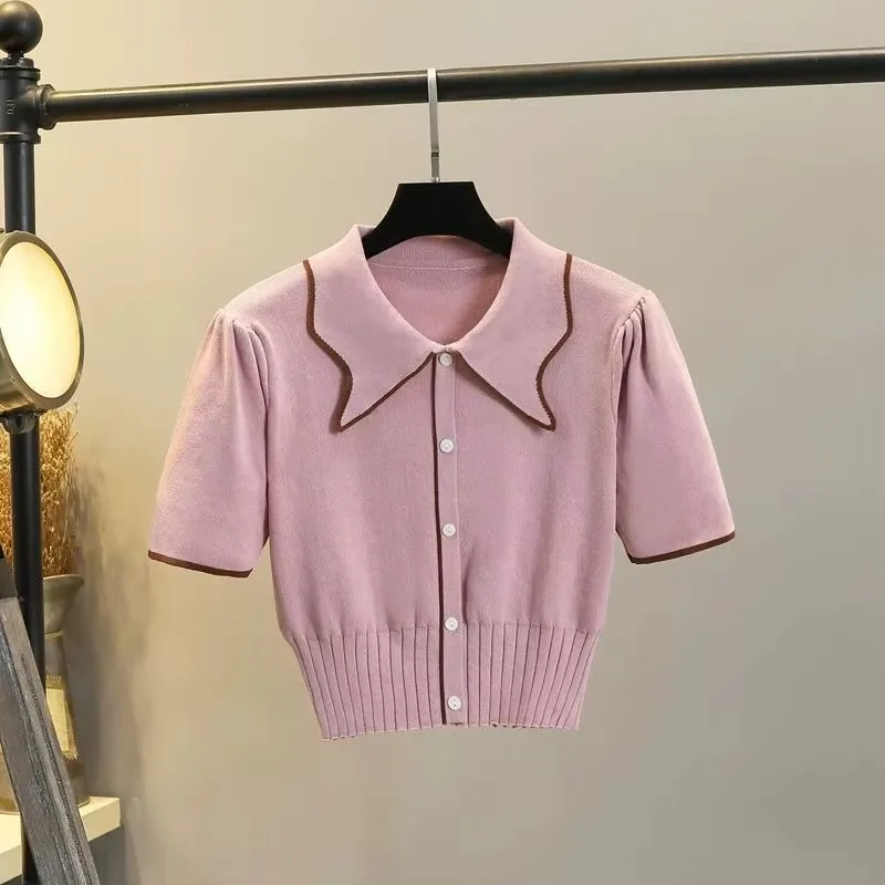 Women Sweater Korean Fashion Viscose Color Block Pullover Lapel Collar Knit with Princess Sleeve for Spring Summer Clothing thumbnail 6