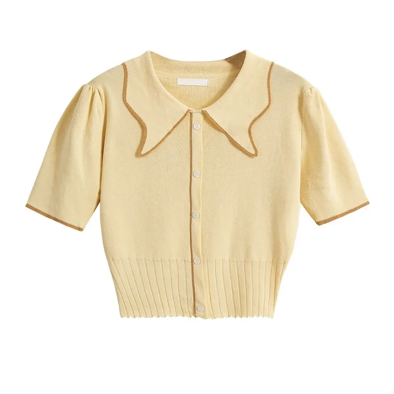 Women Sweater Korean Fashion Viscose Color Block Pullover Lapel Collar Knit with Princess Sleeve for Spring Summer Clothing thumbnail 3