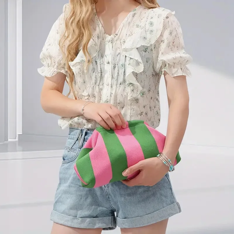 Women's Striped Beach Clutch Bag Versatile Small Woven Crochet Handbags Purses Knitting Dumpling Clutch Casual Bag thumbnail 5