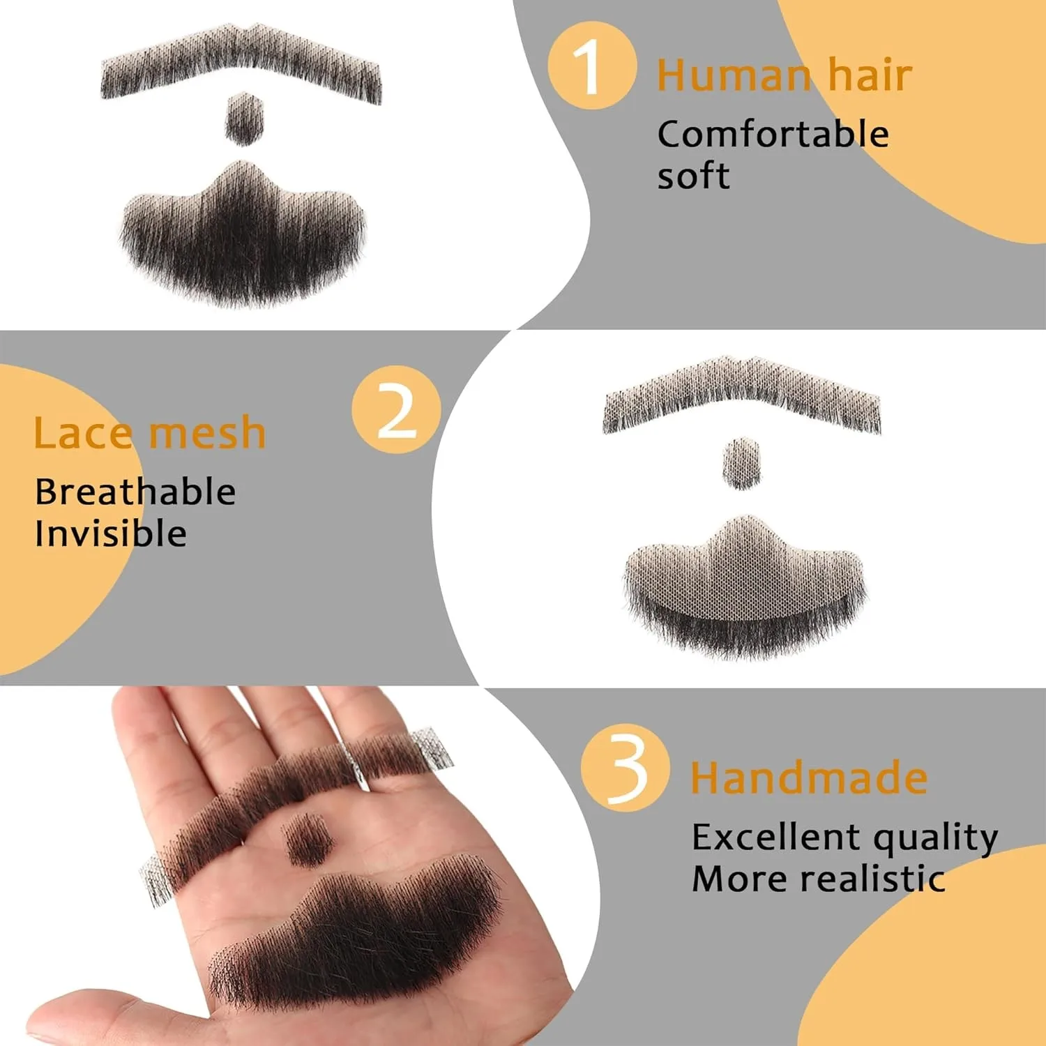 Fake Beard Human Hair Realistic Mustache Soft Lace Invisible Costume Beard Fake Facial Hair for Party/Drama/Movie/Makeup/Cosplay thumbnail 3