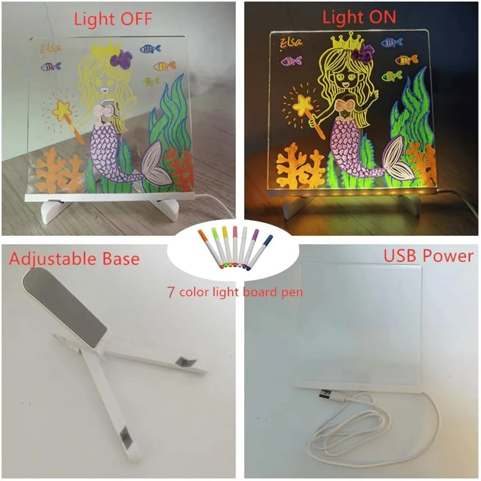 LED Illuminated Magic Note Board Desktop Memo Note Board Erasable White Board for Kids DIY Painting with 7 Color Pens thumbnail 6