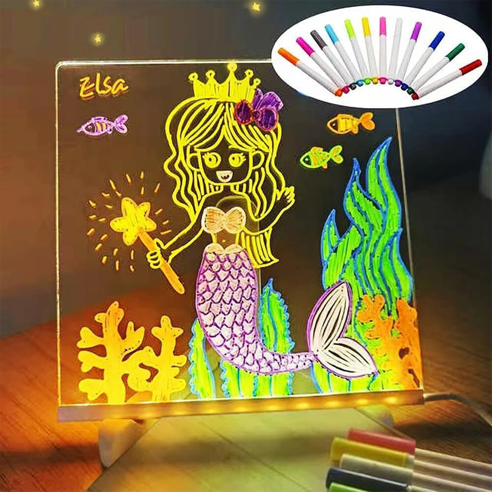 LED Illuminated Magic Note Board Desktop Memo Note Board Erasable White Board for Kids DIY Painting with 7 Color Pens thumbnail 3