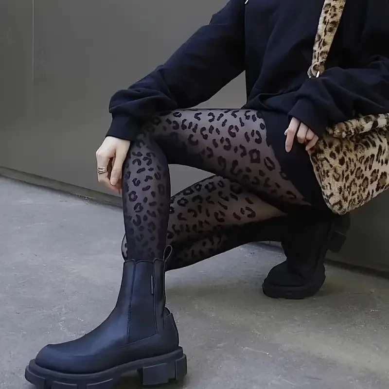 Vintage Women Sexy Thin Transparent Silky Pantyhose Gothic Black Sexy Leopard Animal Pattern Sheer Tights Seamless Stockings thumbnail 3