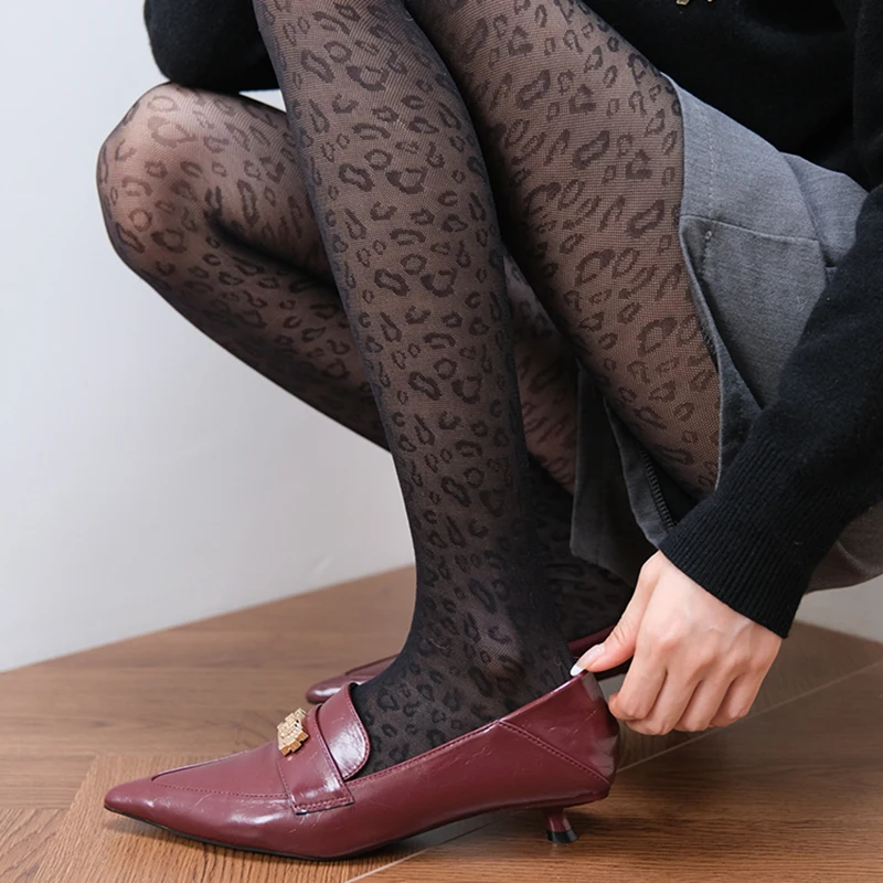 Vintage Women Sexy Thin Transparent Silky Pantyhose Gothic Black Sexy Leopard Animal Pattern Sheer Tights Seamless Stockings thumbnail 2