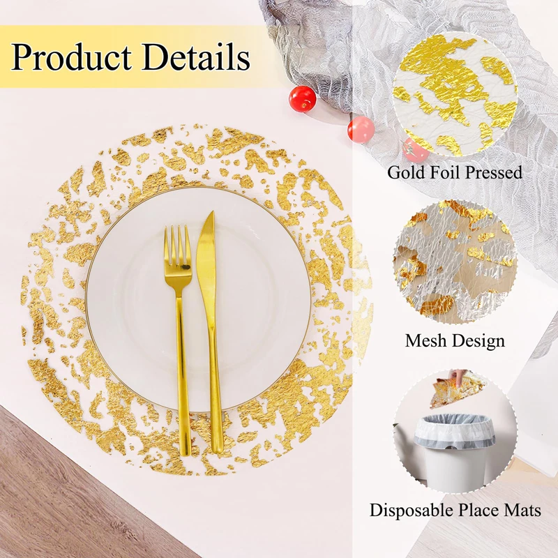 Disposable Gold Placemats 13 Inch Glitter Metallic Round Foil Mesh Pressed Table Doilies Gold Table Mat for Dining Table Wedding thumbnail 5