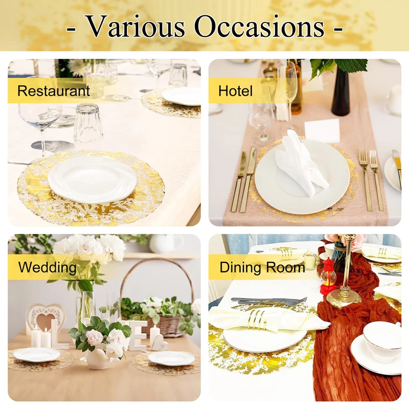 Disposable Gold Placemats 13 Inch Glitter Metallic Round Foil Mesh Pressed Table Doilies Gold Table Mat for Dining Table Wedding thumbnail 4