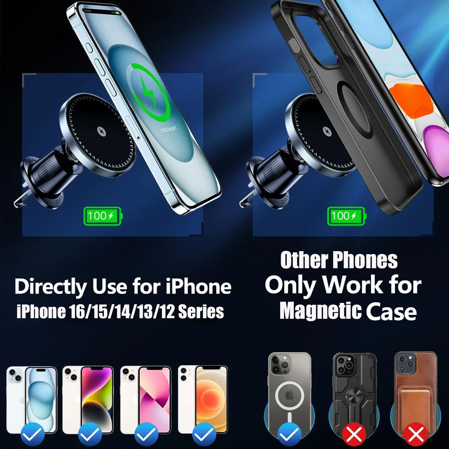 UYUXIO Strong Magnetic Wireless Car Phone Charger Adapter 15W Air Vent Car Phone Holder for iPhone 16 15 14 13 Pro Max Plus 12 thumbnail 4