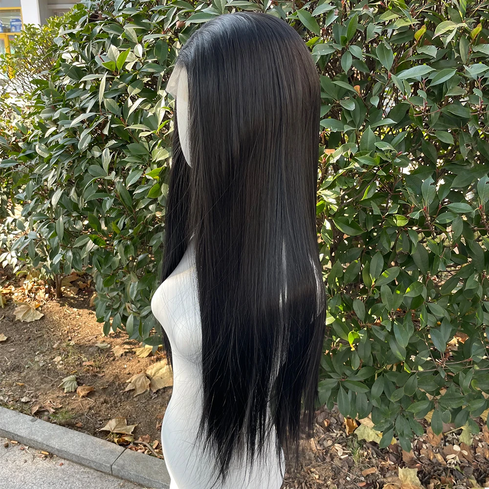 Jet Black 13x4 Synthetic Lace Front Wigs for Women Heat Resistant Hair Glueless Wig 26 Inch Long Silky Straight Wig 150% Density thumbnail 3