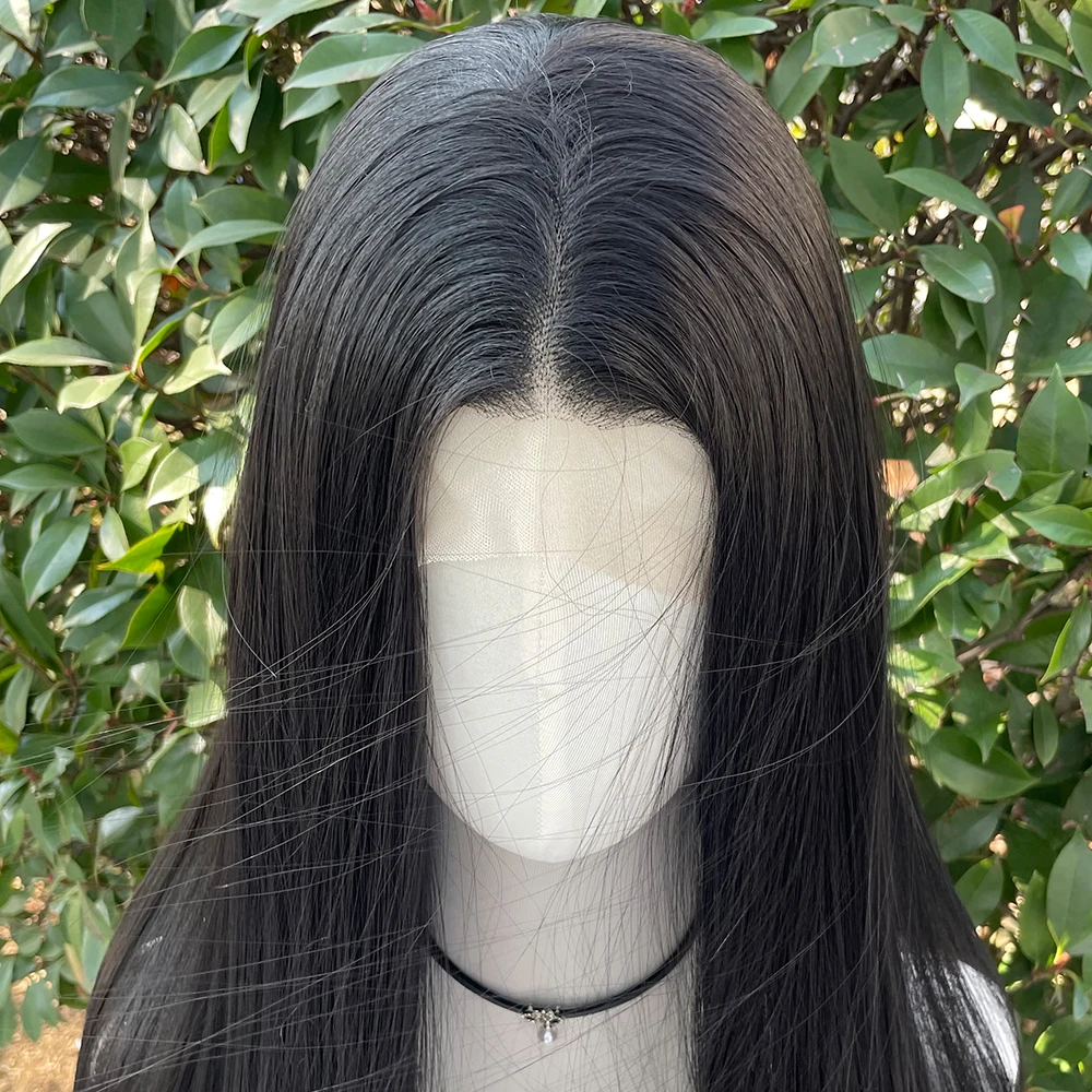 Jet Black 13x4 Synthetic Lace Front Wigs for Women Heat Resistant Hair Glueless Wig 26 Inch Long Silky Straight Wig 150% Density thumbnail 4
