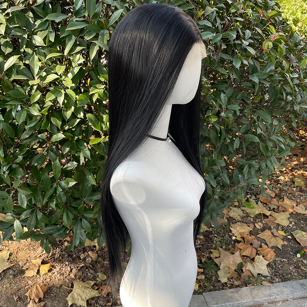 Jet Black 13x4 Synthetic Lace Front Wigs for Women Heat Resistant Hair Glueless Wig 26 Inch Long Silky Straight Wig 150% Density thumbnail 2