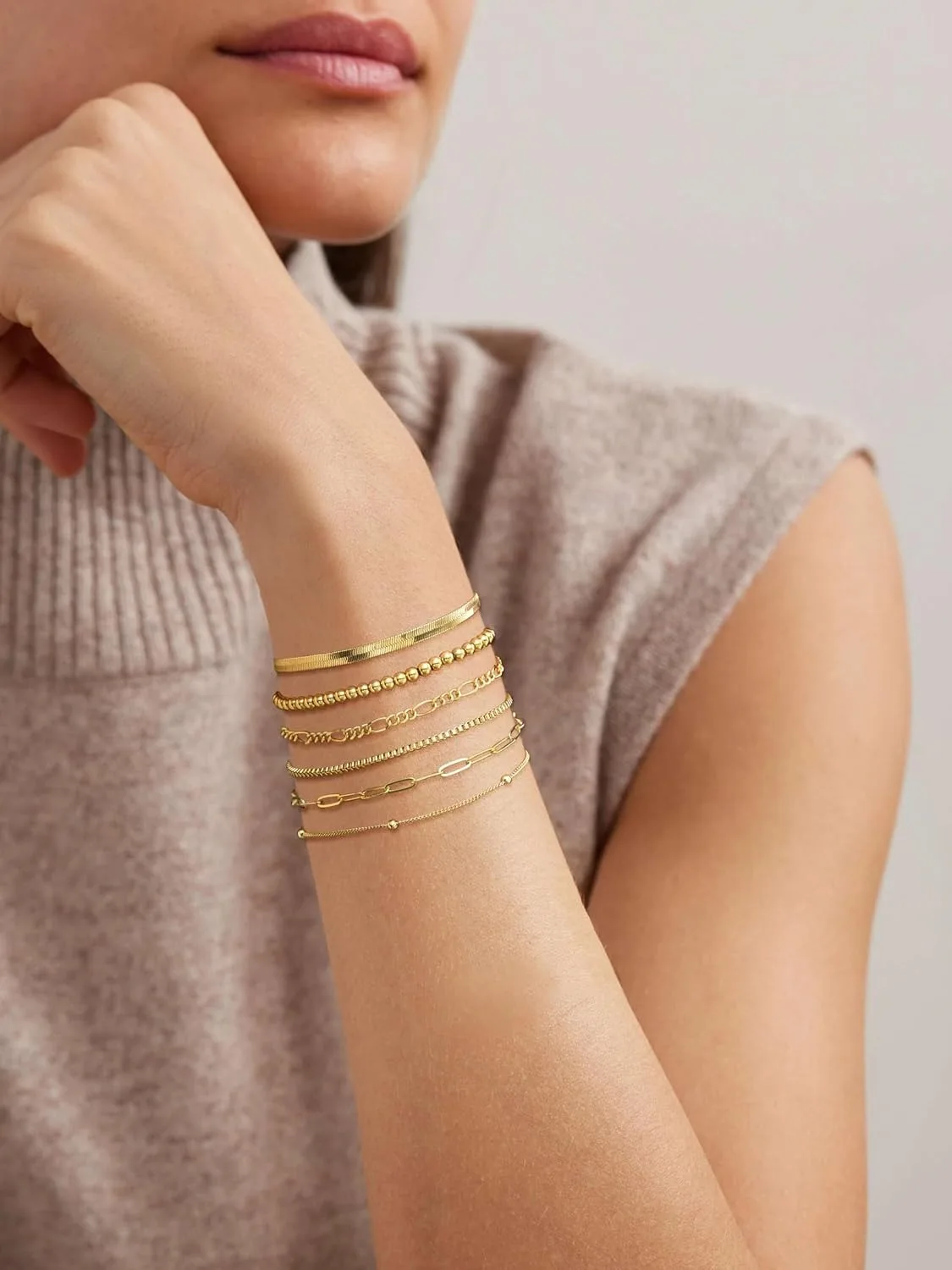 Gold Bracelets for Women Waterproof 14K Gold Plated Jewelry Set for Women Trendy ThinDainty Stackable Cuban Link Paperclip Chain thumbnail 5