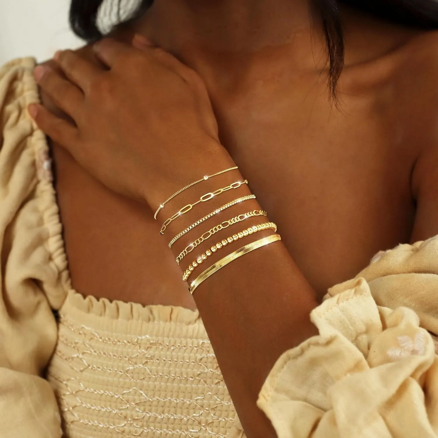 Gold Bracelets for Women Waterproof 14K Gold Plated Jewelry Set for Women Trendy ThinDainty Stackable Cuban Link Paperclip Chain thumbnail 2