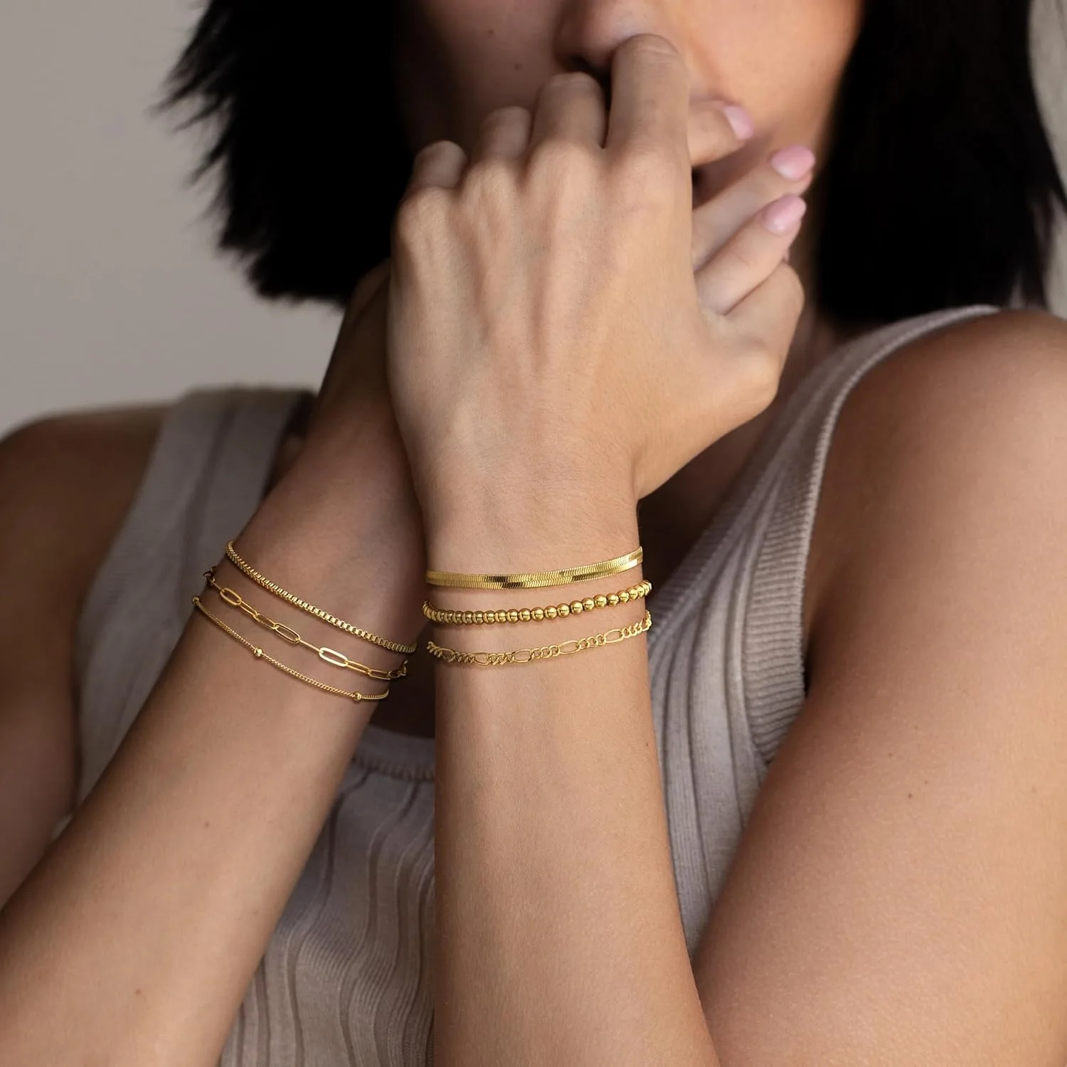 Gold Bracelets for Women Waterproof 14K Gold Plated Jewelry Set for Women Trendy ThinDainty Stackable Cuban Link Paperclip Chain thumbnail 6