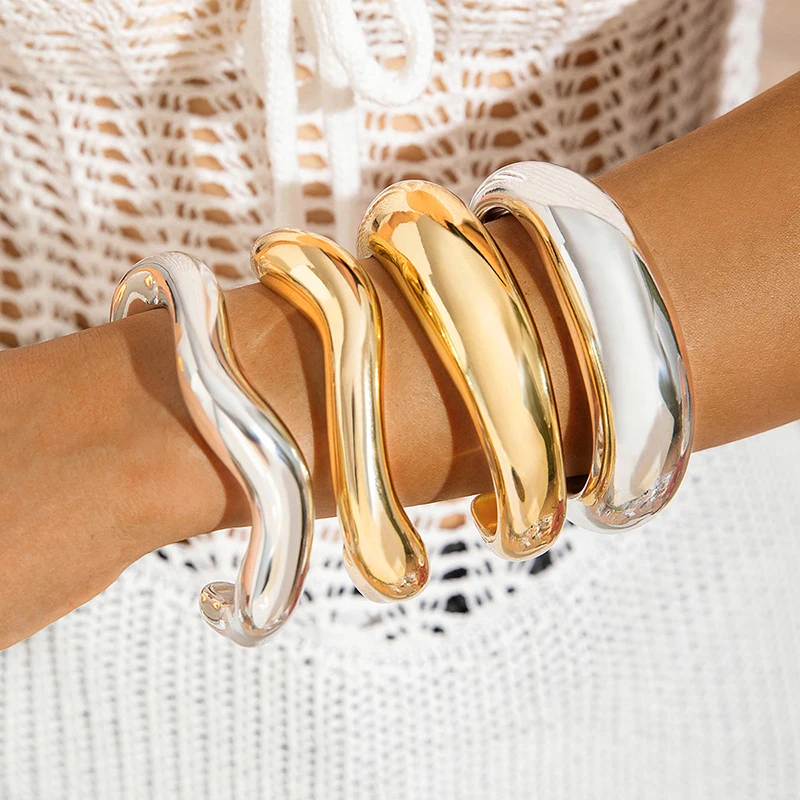 Trendy Big Cuff Bangles Bracelets Women Vintage Statement Plastic Geometric Open Bangle Hip Hop Punk Gold Silver Color Jewelry thumbnail 2