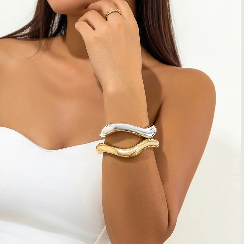 Trendy Big Cuff Bangles Bracelets Women Vintage Statement Plastic Geometric Open Bangle Hip Hop Punk Gold Silver Color Jewelry thumbnail 5