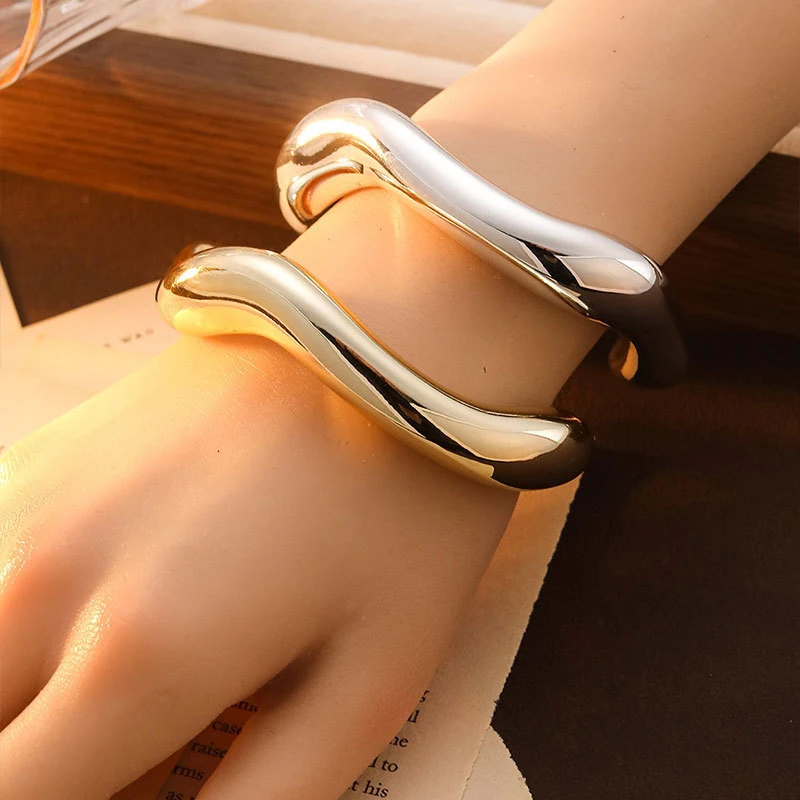 Trendy Big Cuff Bangles Bracelets Women Vintage Statement Plastic Geometric Open Bangle Hip Hop Punk Gold Silver Color Jewelry thumbnail 3