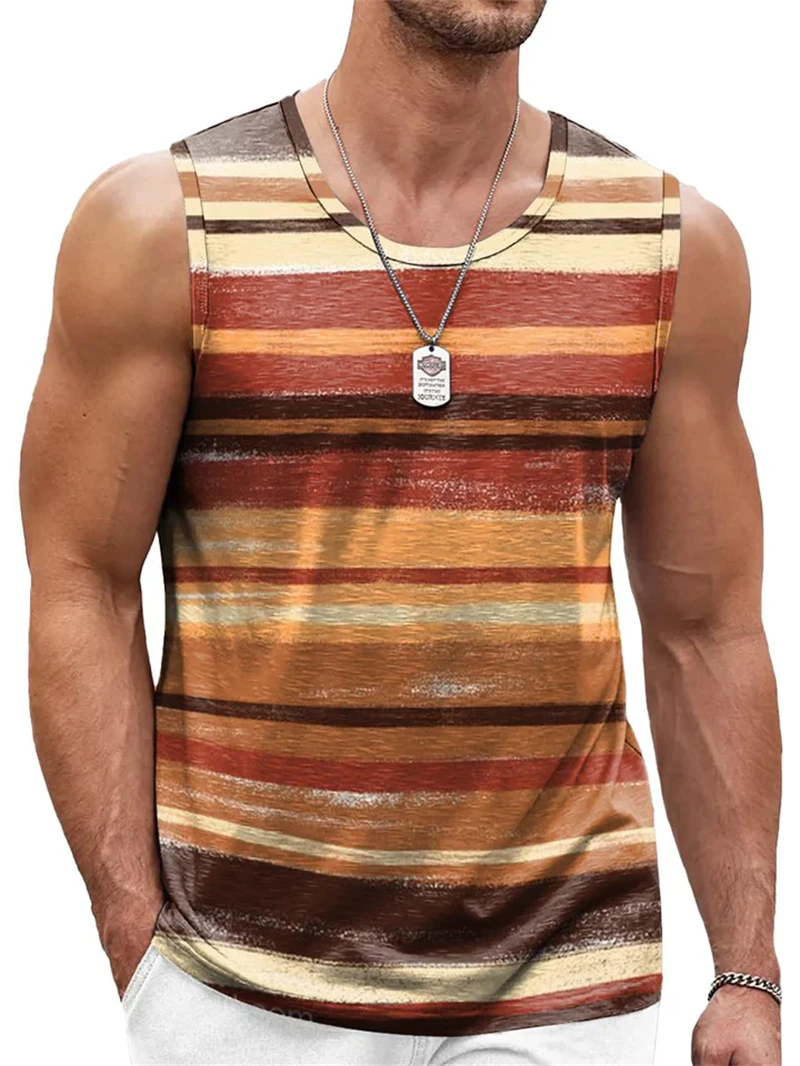 Retro Striped Graphic Tank Tops For Men Fashion Casual Summer Sleeveless 3D Printed Vest Loose Crew Neck Quick Dry Sports Tees thumbnail 5