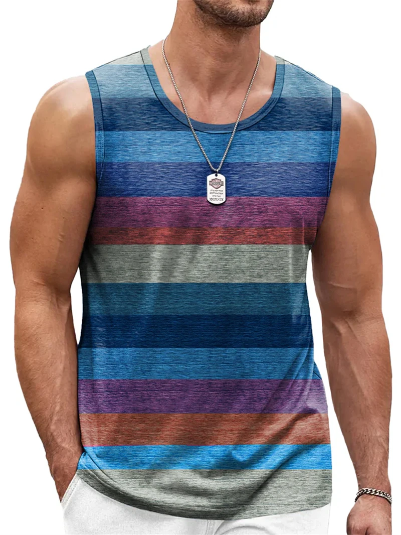 Retro Striped Graphic Tank Tops For Men Fashion Casual Summer Sleeveless 3D Printed Vest Loose Crew Neck Quick Dry Sports Tees thumbnail 2
