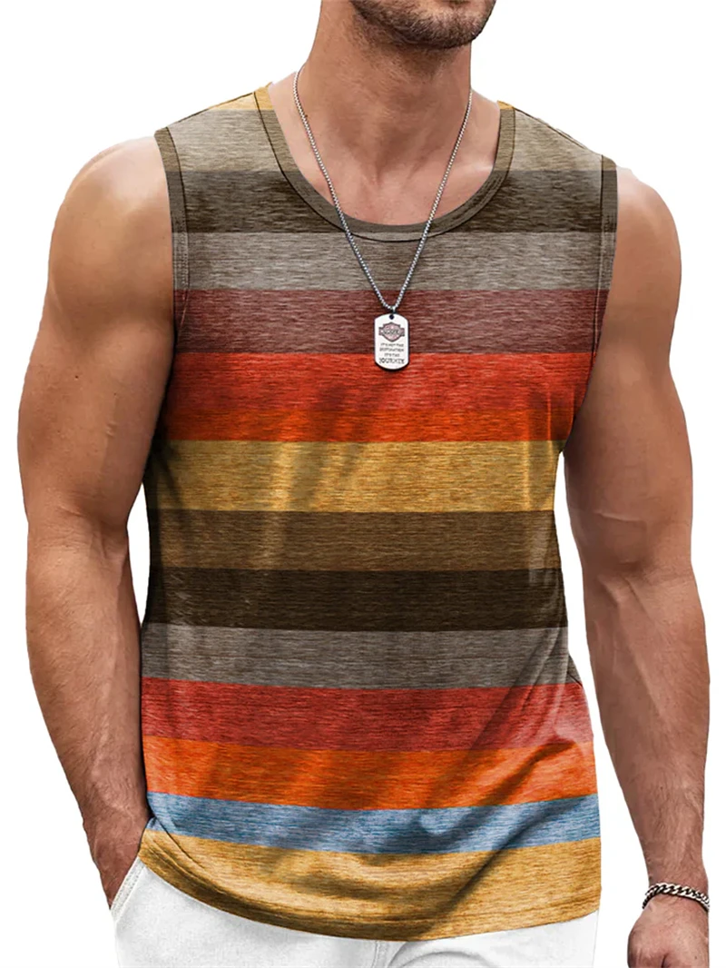 Retro Striped Graphic Tank Tops For Men Fashion Casual Summer Sleeveless 3D Printed Vest Loose Crew Neck Quick Dry Sports Tees thumbnail 2