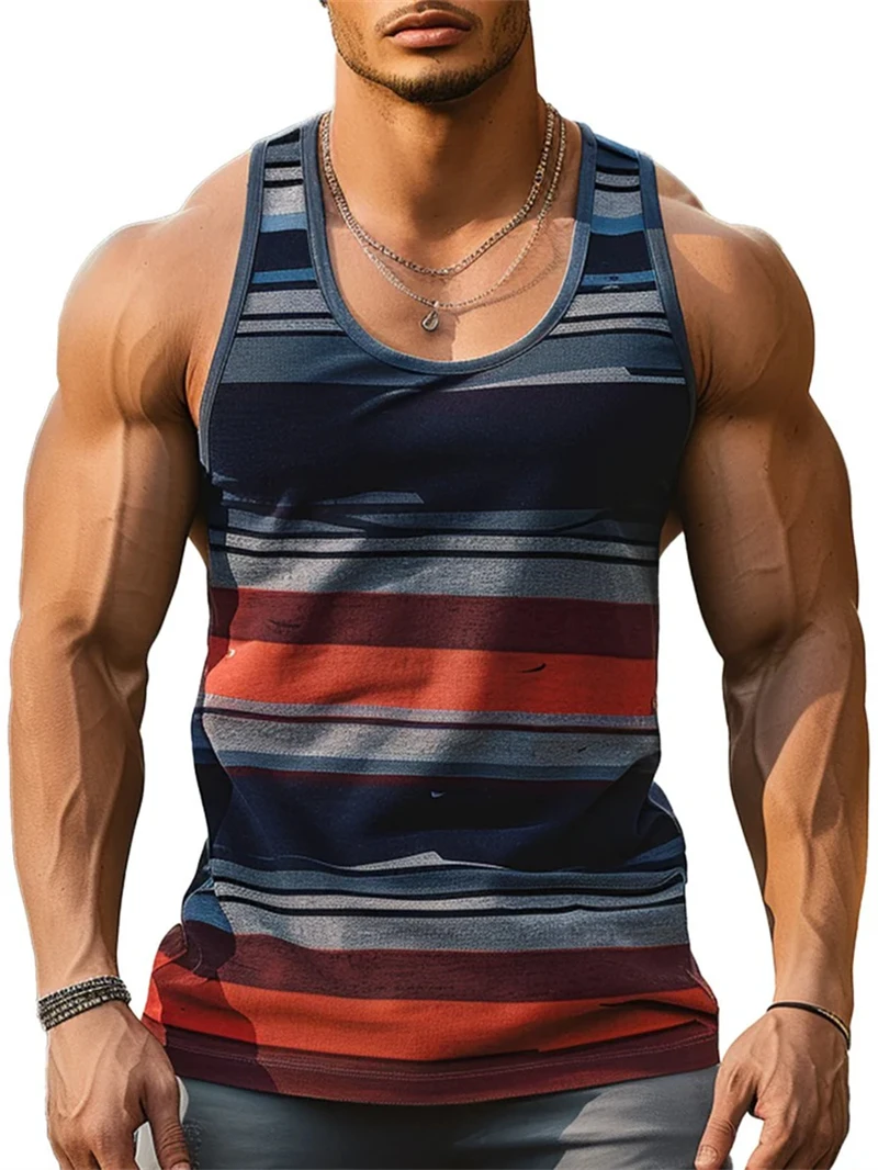 Retro Striped Graphic Tank Tops For Men Fashion Casual Summer Sleeveless 3D Printed Vest Loose Crew Neck Quick Dry Sports Tees thumbnail 4