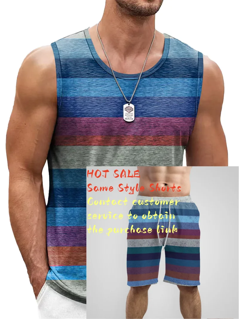 Retro Striped Graphic Tank Tops For Men Fashion Casual Summer Sleeveless 3D Printed Vest Loose Crew Neck Quick Dry Sports Tees thumbnail 5