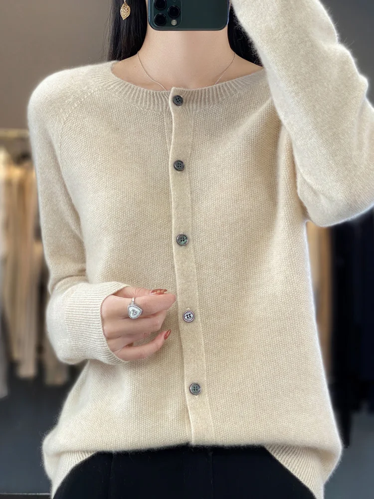Fashion Women 100% Merino Wool Cardigans Cashmere Sweater Autumn Winter O-neck Long Sleeve Knitwear Female Basic Clothing Tops thumbnail 3