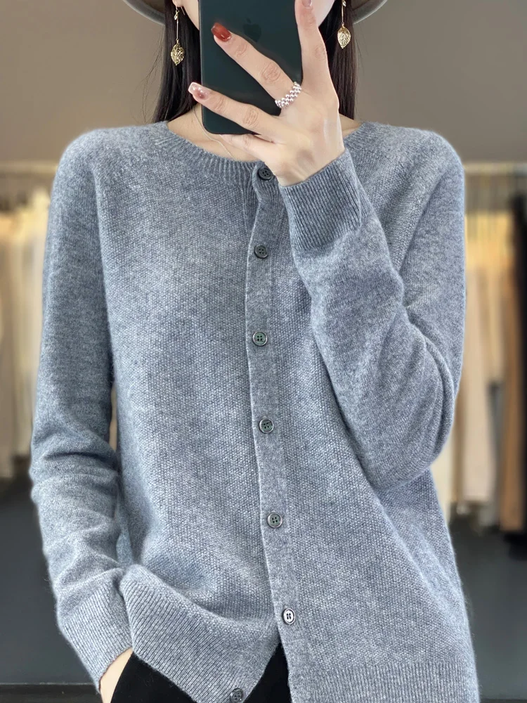 Fashion Women 100% Merino Wool Cardigans Cashmere Sweater Autumn Winter O-neck Long Sleeve Knitwear Female Basic Clothing Tops thumbnail 2