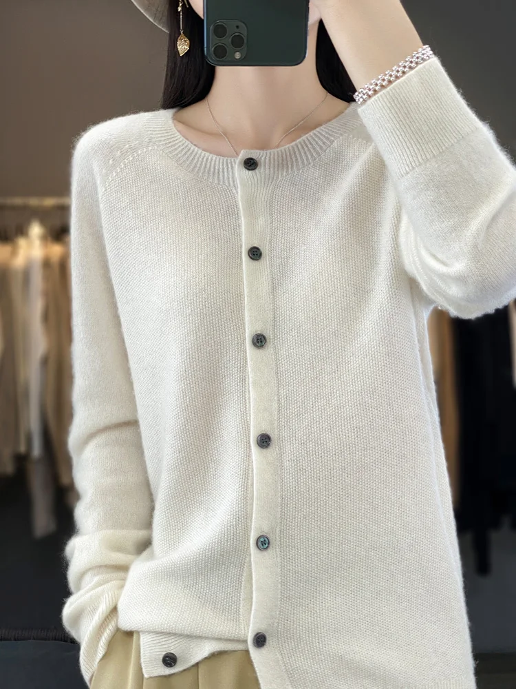 Fashion Women 100% Merino Wool Cardigans Cashmere Sweater Autumn Winter O-neck Long Sleeve Knitwear Female Basic Clothing Tops thumbnail 4
