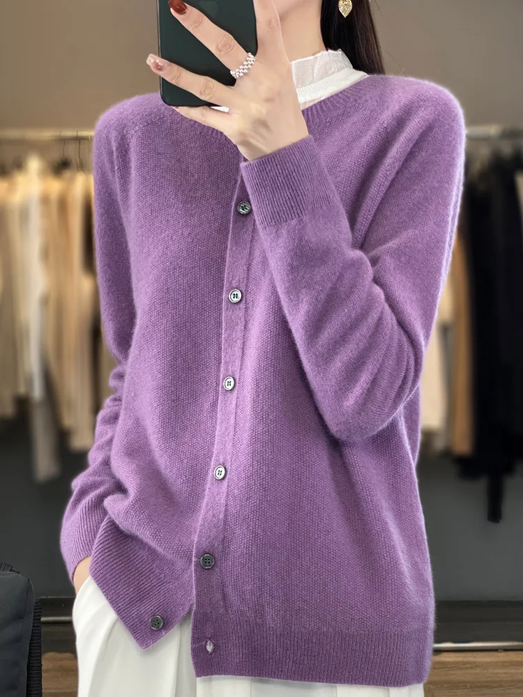 Fashion Women 100% Merino Wool Cardigans Cashmere Sweater Autumn Winter O-neck Long Sleeve Knitwear Female Basic Clothing Tops thumbnail 6