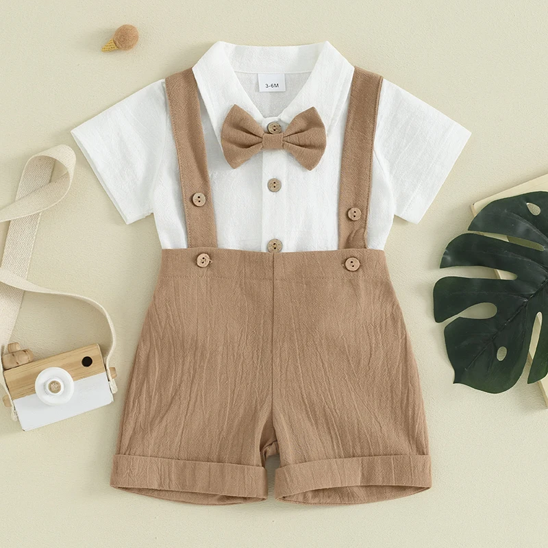 Infant Baby Boy Summer Outfit Gentleman Short Sleeve Romper Dress Shirt Suspender Shorts 2Pcs Suit Clothes Set thumbnail 2