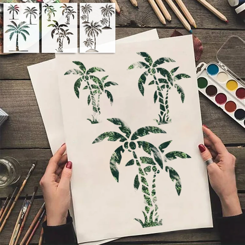 YOMDID 3pcs Tree Painting Hollow Out PET Stencil Reusable DIY Coconut Tree Pattern Doodle Airbrush Art Decoration Template thumbnail 2