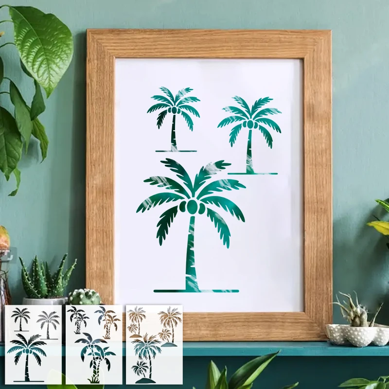 YOMDID 3pcs Tree Painting Hollow Out PET Stencil Reusable DIY Coconut Tree Pattern Doodle Airbrush Art Decoration Template thumbnail 3
