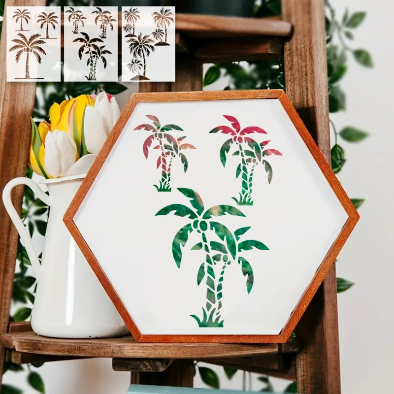 YOMDID 3pcs Tree Painting Hollow Out PET Stencil Reusable DIY Coconut Tree Pattern Doodle Airbrush Art Decoration Template thumbnail 4