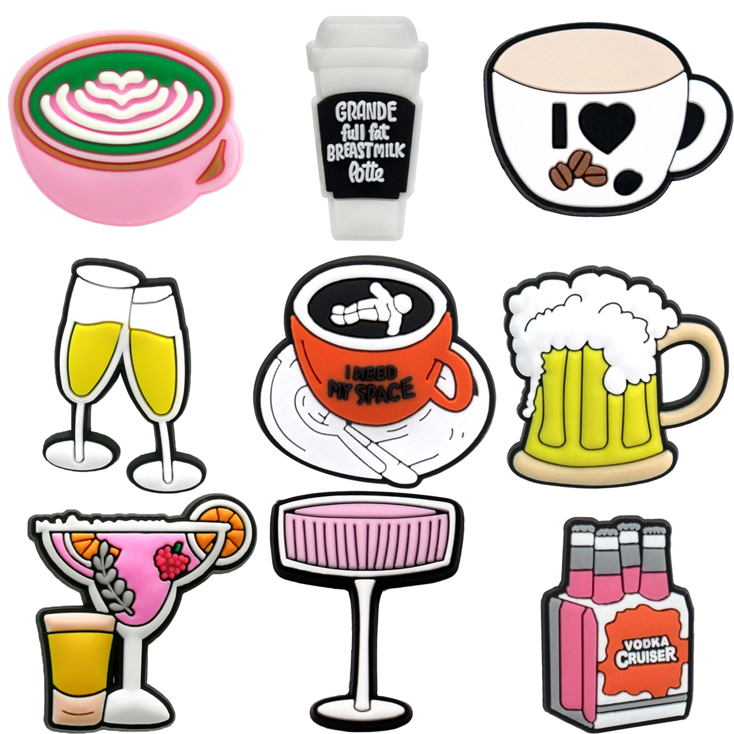 1/9pcs Heart Shaped Latte Coffee Cup Shoe Charms for Women Girl Cocktail Beer Champagne Glass Garden Sandals Pin Clog Jeans