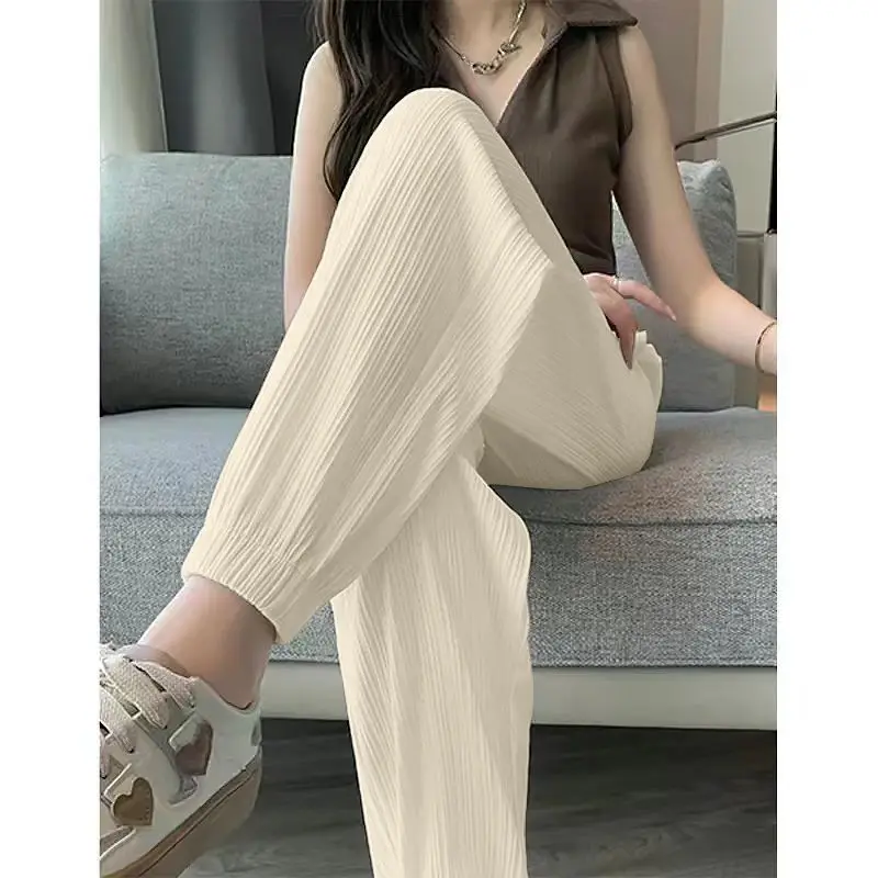 Thin Casual Wide Leg Harem Ankle-Length Pants Solid Elastic Waist Women New In ClothingSweet Streetweat Summer Long Trousers OL thumbnail 3