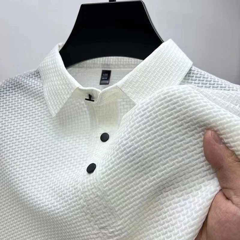 2025 Men's Business Casual Short Sleeved Bone Flower Solid Color POLO Shirt Fashion Breathable Comfortable Summer Versatile Top thumbnail 4