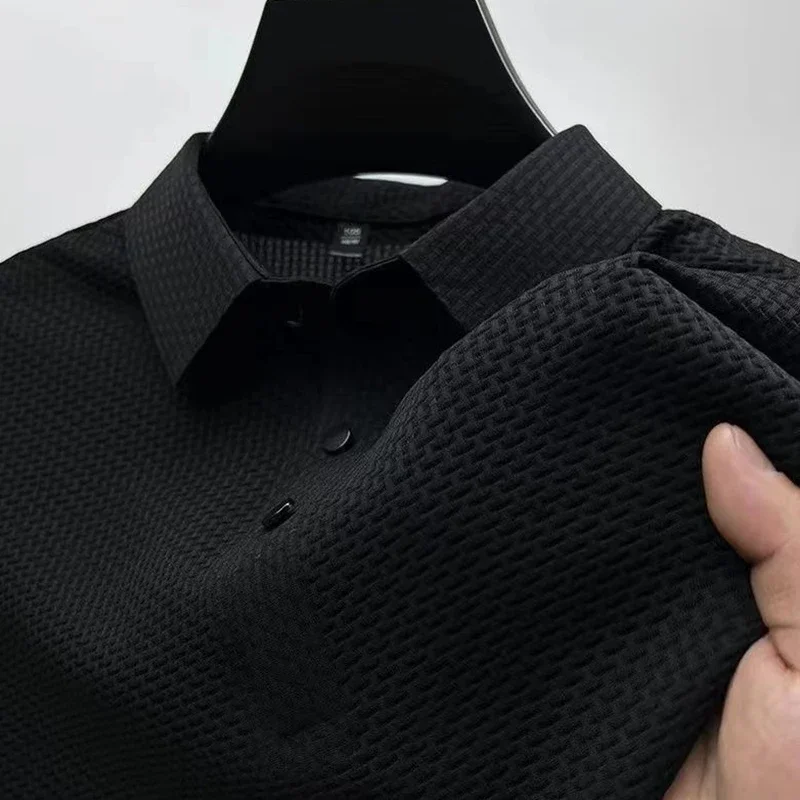 2025 Men's Business Casual Short Sleeved Bone Flower Solid Color POLO Shirt Fashion Breathable Comfortable Summer Versatile Top thumbnail 6