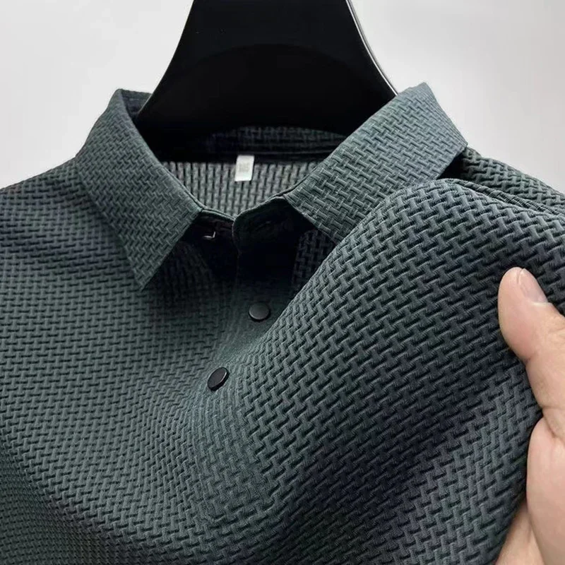 2025 Men's Business Casual Short Sleeved Bone Flower Solid Color POLO Shirt Fashion Breathable Comfortable Summer Versatile Top thumbnail 2