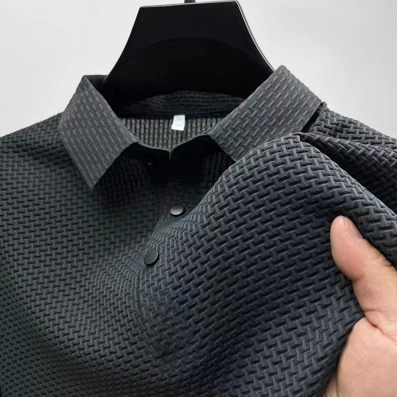 2025 Men's Business Casual Short Sleeved Bone Flower Solid Color POLO Shirt Fashion Breathable Comfortable Summer Versatile Top thumbnail 5