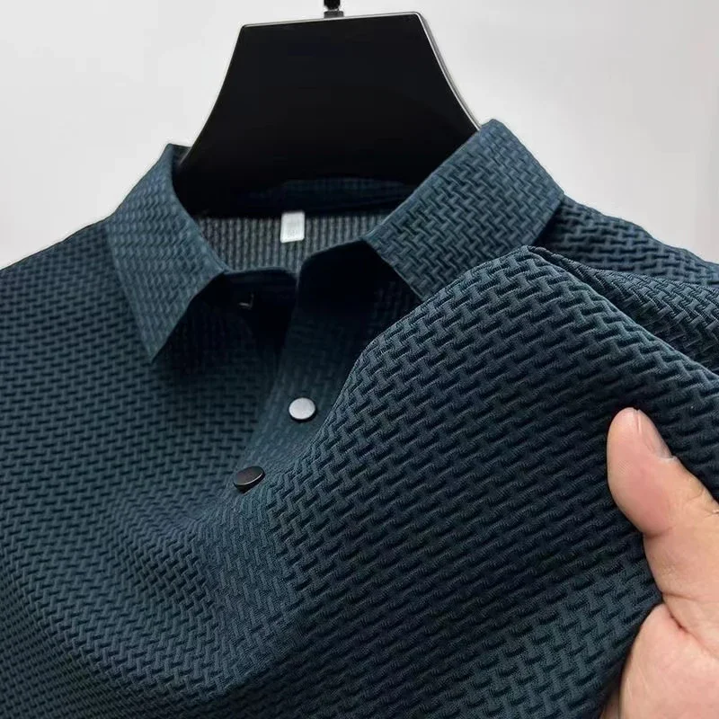 2025 Men's Business Casual Short Sleeved Bone Flower Solid Color POLO Shirt Fashion Breathable Comfortable Summer Versatile Top thumbnail 3