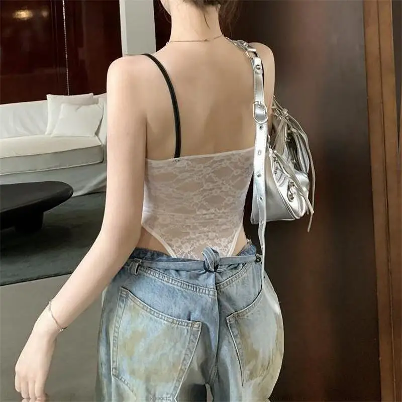 White Lace Bodysuit Camis for Women's Summer Slim Sleeveless Sexy Basic Skinny Bodysuit Hollow Out Top thumbnail 3