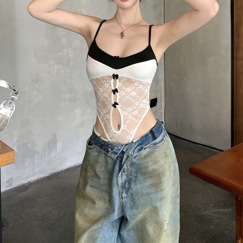White Lace Bodysuit Camis for Women's Summer Slim Sleeveless Sexy Basic Skinny Bodysuit Hollow Out Top thumbnail 5