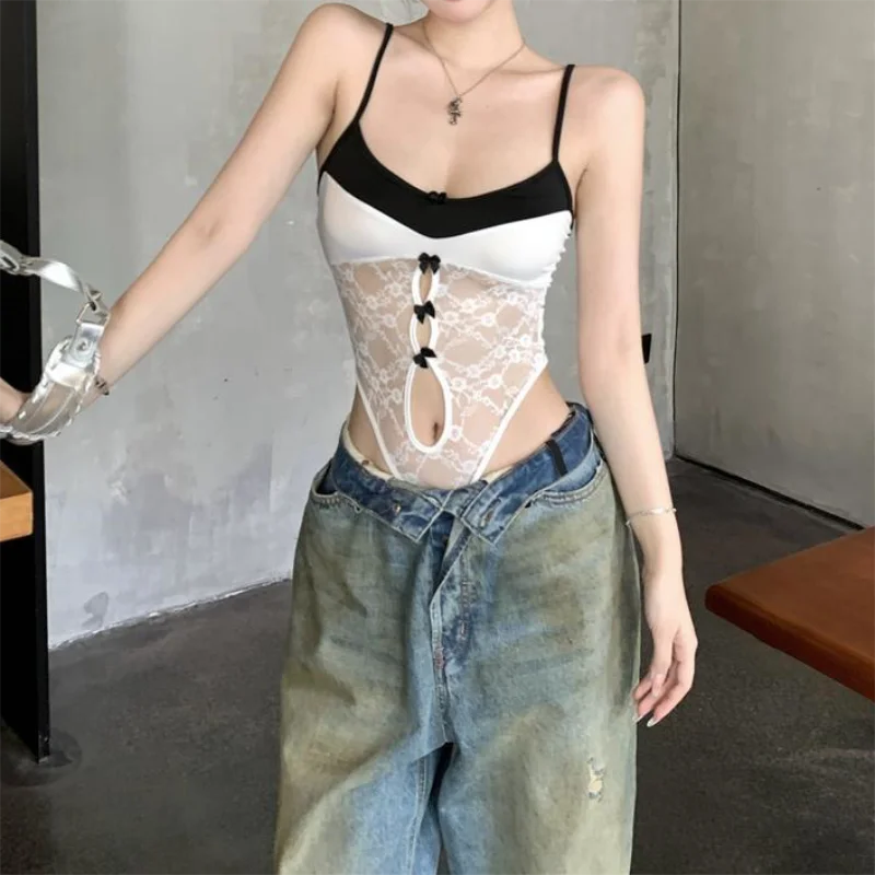 White Lace Bodysuit Camis for Women's Summer Slim Sleeveless Sexy Basic Skinny Bodysuit Hollow Out Top thumbnail 4