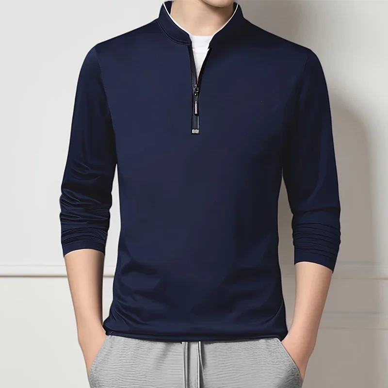 2025 Men's Casual Fashion Solid Color Long Sleeved Polo Shirt Stand Up Collar Versatile Comfortable Top thumbnail 2