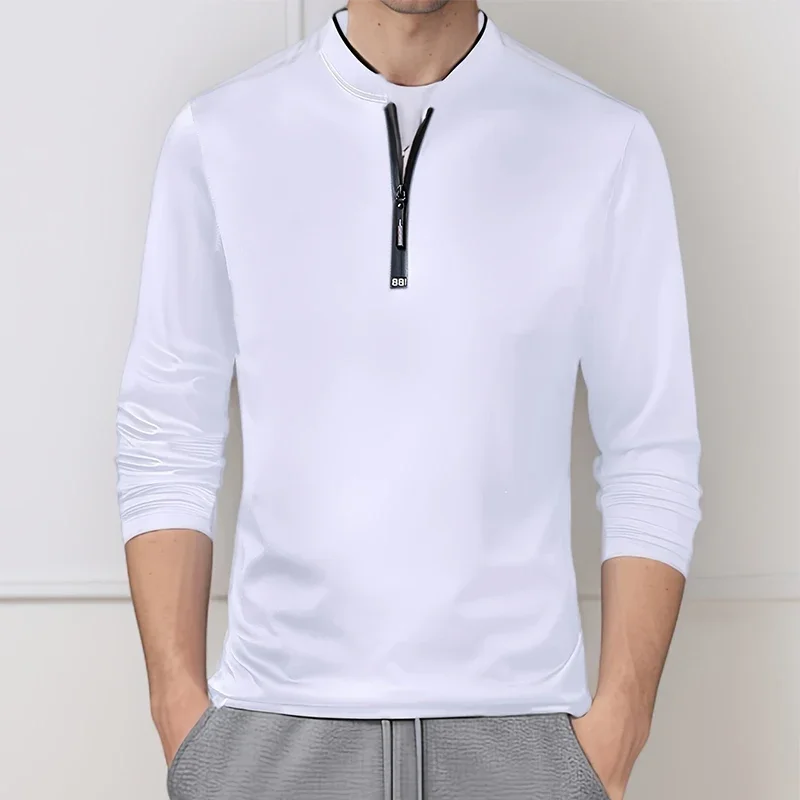 2025 Men's Casual Fashion Solid Color Long Sleeved Polo Shirt Stand Up Collar Versatile Comfortable Top thumbnail 5