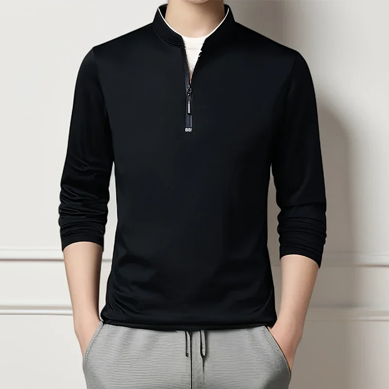 2025 Men's Casual Fashion Solid Color Long Sleeved Polo Shirt Stand Up Collar Versatile Comfortable Top thumbnail 3