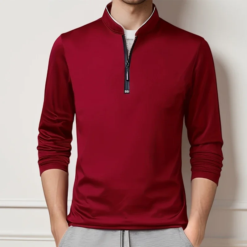 2025 Men's Casual Fashion Solid Color Long Sleeved Polo Shirt Stand Up Collar Versatile Comfortable Top thumbnail 4