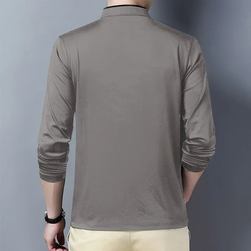 2025 Men's Casual Fashion Solid Color Long Sleeved Polo Shirt Stand Up Collar Versatile Comfortable Top thumbnail 6