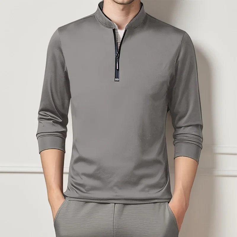 2025 Men's Casual Fashion Solid Color Long Sleeved Polo Shirt Stand Up Collar Versatile Comfortable Top